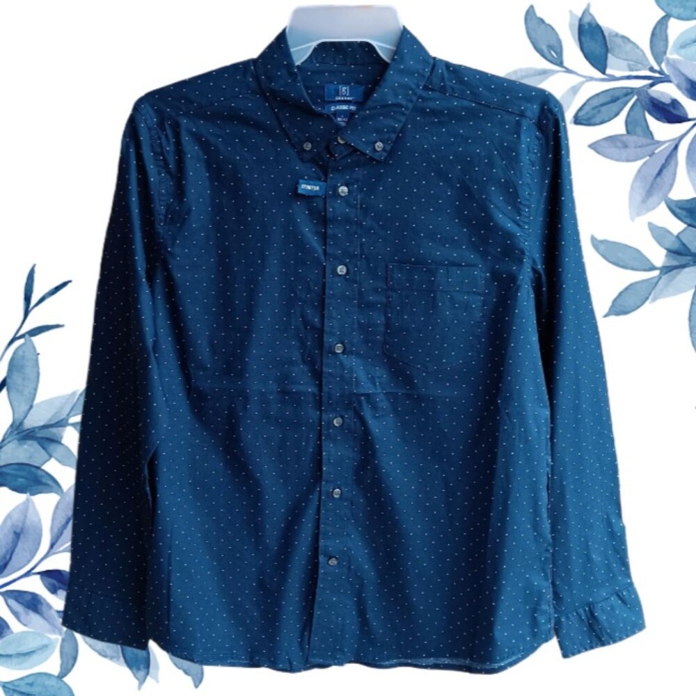George Men's Long Sleeve Poplin Button-Up Shirt Blue Cove Geo Size L